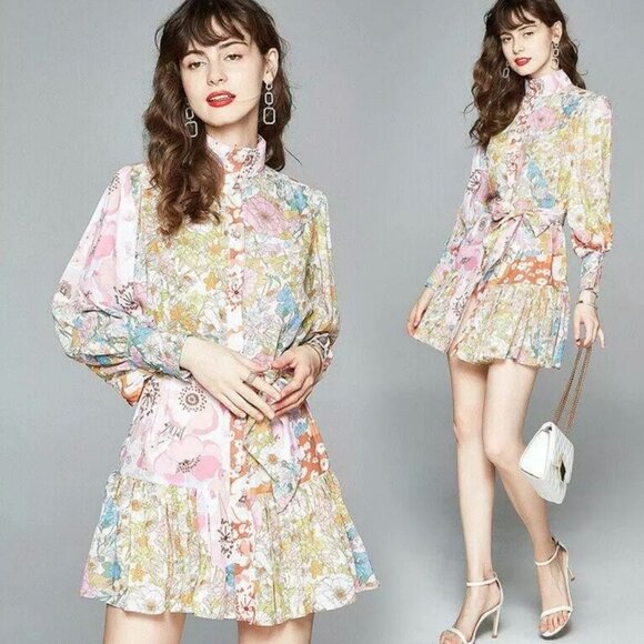 TDDPSSHDP A-Line Mini Dress Multi Floral Sheer Oversized Pullover Tunic Preppy - Picture 1 of 11